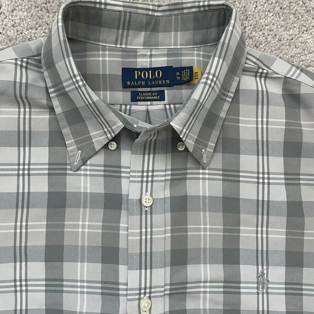 Polo Ralph Lauren Button Down Shirt Men's XL Classic Fit Performance Gray Plaid